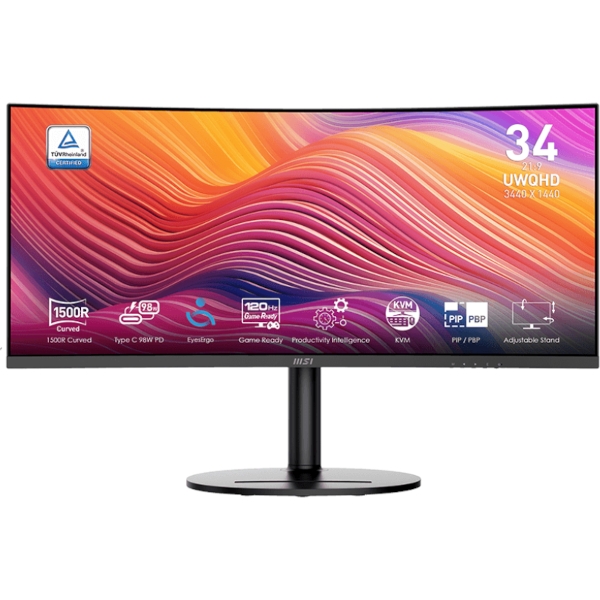 Monitor MSI Modern MD342CQP / 34" / UWQHD / VA / 120Hz / 1ms (MPRT) / curved / KVM / black - adjustable stand - PD 98W