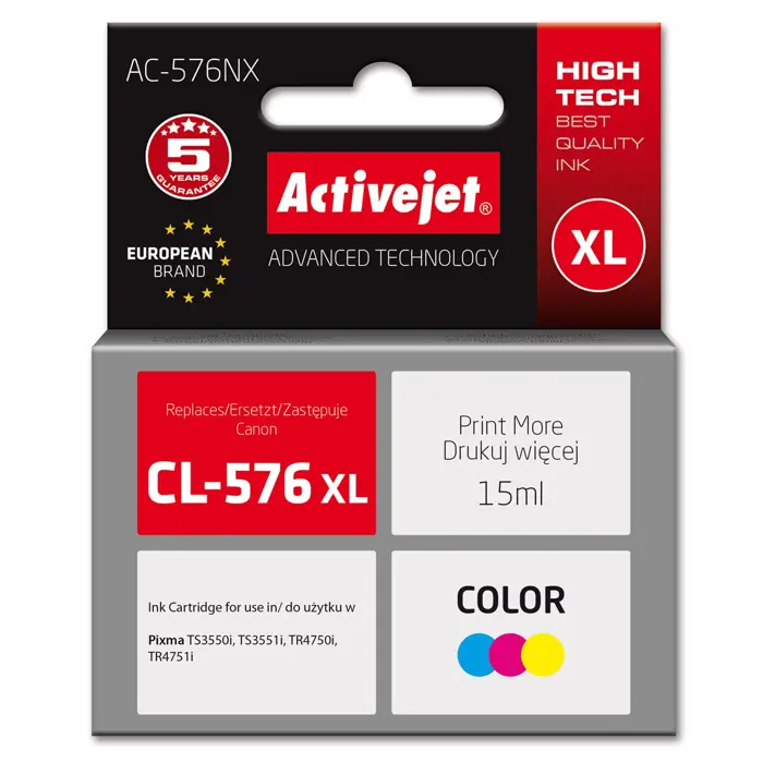 Activejet AC-576NX Canon printer ink, replacement Canon CL-576XL; Supreme; 15 ml; colour: blue, yellow, magenta