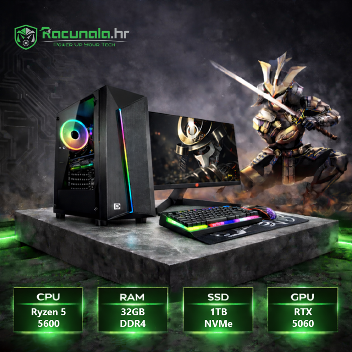 BaB SAMURAI Set – Ryzen 5 5600 / 32GB DDR4 / 1TB NVMe SSD / GeForce RTX 5060 / Windows 11 Pro + Monitor i periferija 
