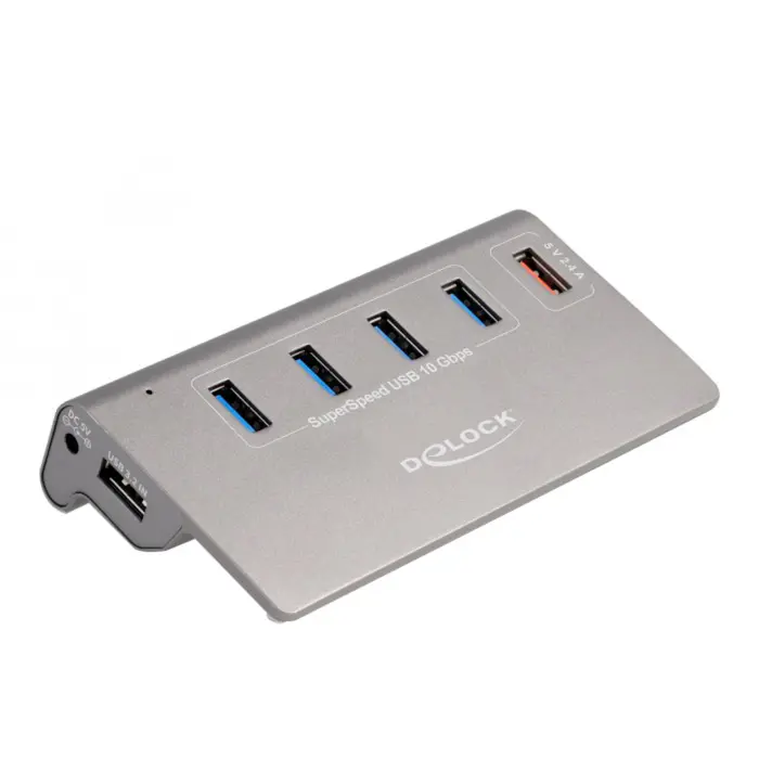 DeLOCK USB 10 Gbps hub with 4 USB Type-A ports + 1 quick charging port, USB hub (grey, incl. power supply)
