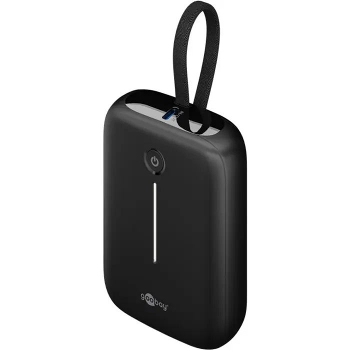 goobay power bank 10,000 mAh, integrated USB-C cable 13cm, 20 watt black, 10 Ah, 1x USB-A, 2x USB-C, PD, QC