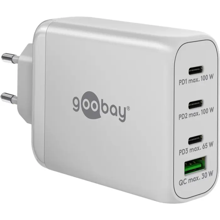 goobay USB-C PD multiport quick charger 100 watts (white, 1x USB-A QC, 3x USB-C PD, GaN technology)