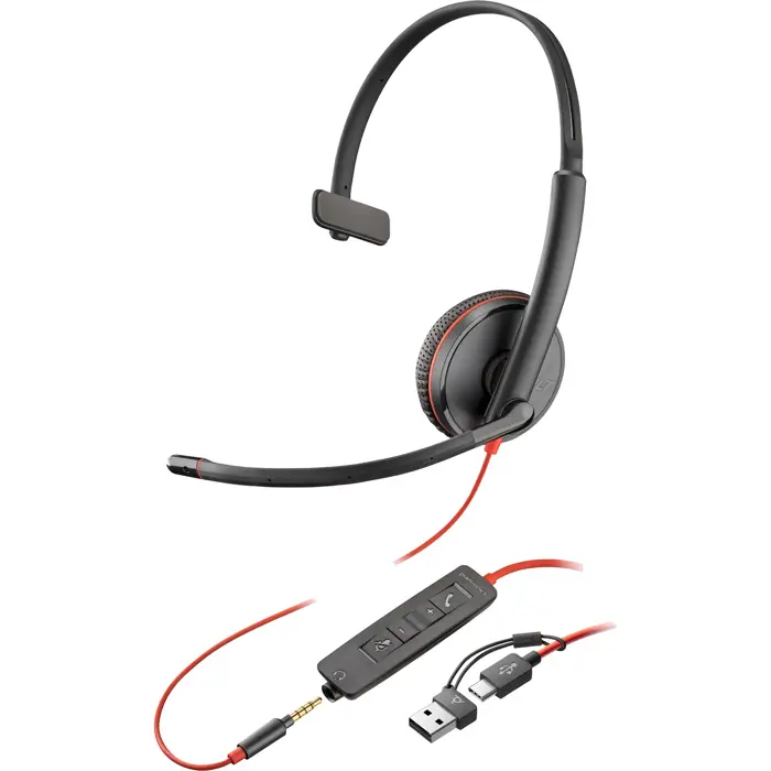 HP Poly Blackwire 3215 Monaural USB-C headset + 3.5 mm plug + USB-C/A adapter black