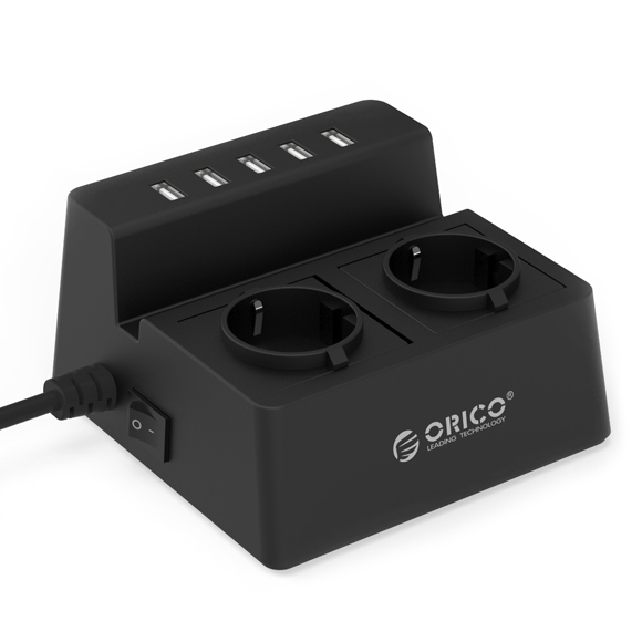 Razdelilec 2x 230V, 5x USB, 15.000 A, prenapetostna zaščita, črn, ORICO - ODC-2A5U-V1-EU-BK