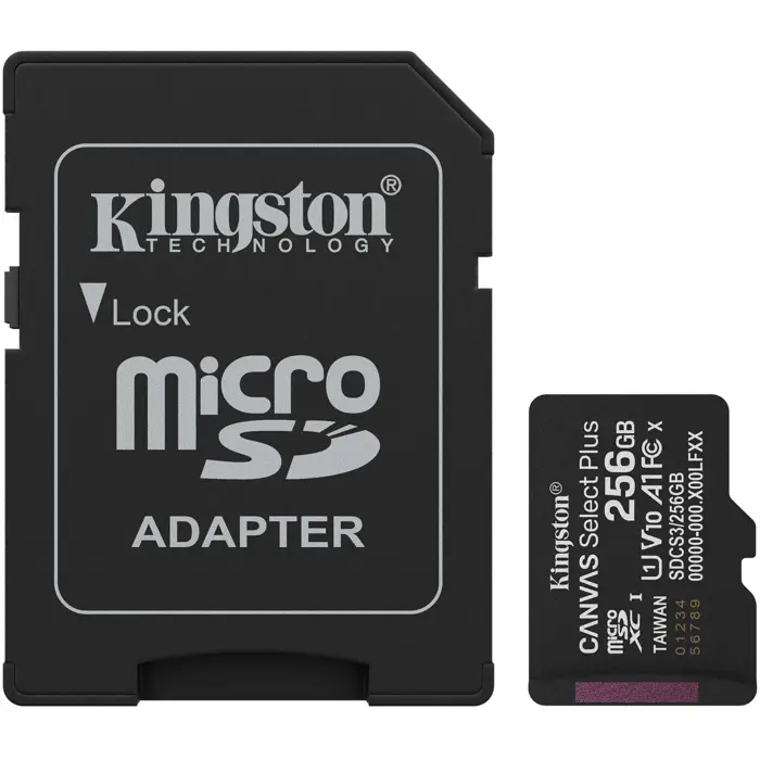 Kingston Canvas Select Plus 256 GB MicroSDXC memory card, black, UHS-I U1, Class 10, V10
