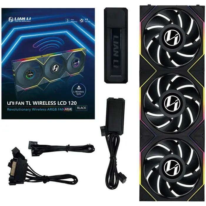 Lian Li UNI FAN TL Wireless LCD Lüfter, ARGB, PWM, 3er-Pack inkl. Controller - 120 mm, black-12TLLCD1W3B