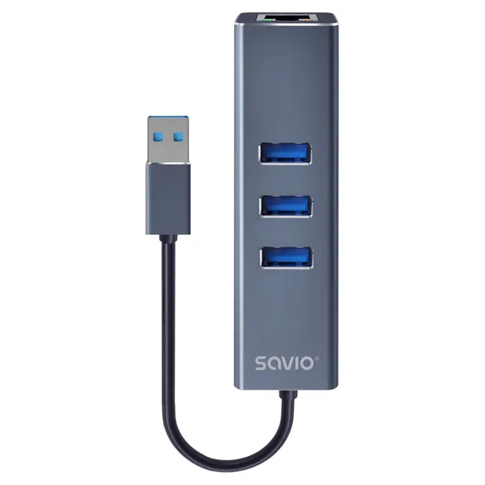 Savio AK-57 USB-A - 3 x USB-A HUB with RJ-45 Gigabit Ethernet adapter 5000 Mbit/s grey USB 3.2 Gen 1 (3.1 Gen 1) Micro-B 5000 Mbit/s