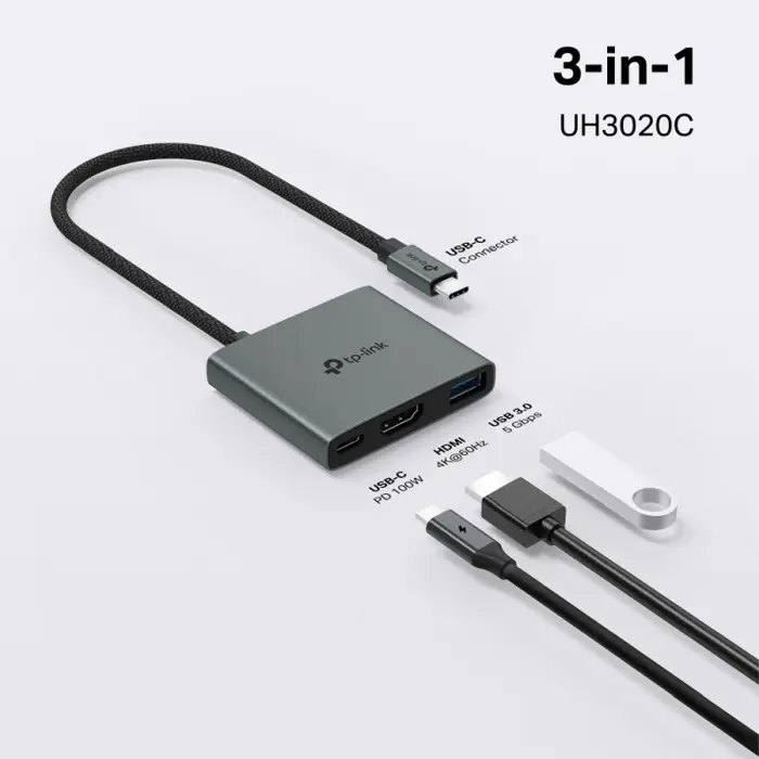 TP-Link 3-portni USB-C HUB 1xUSB-A, 1xUSB-C PD, 1x HDMI 4K 60Hz, crni 