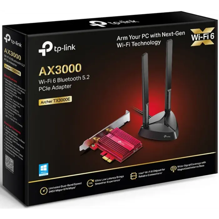 TP-Link AX3000 Wi-Fi 6 Bluetooth 5.0 PCI Express Adapter, 2402Mbps at 5 GHz + 574Mbps at 2.4 GHz, Include High Gain Antennas, WPA3, MU-MIMO, OFDMA, 1024 QAM, HT160