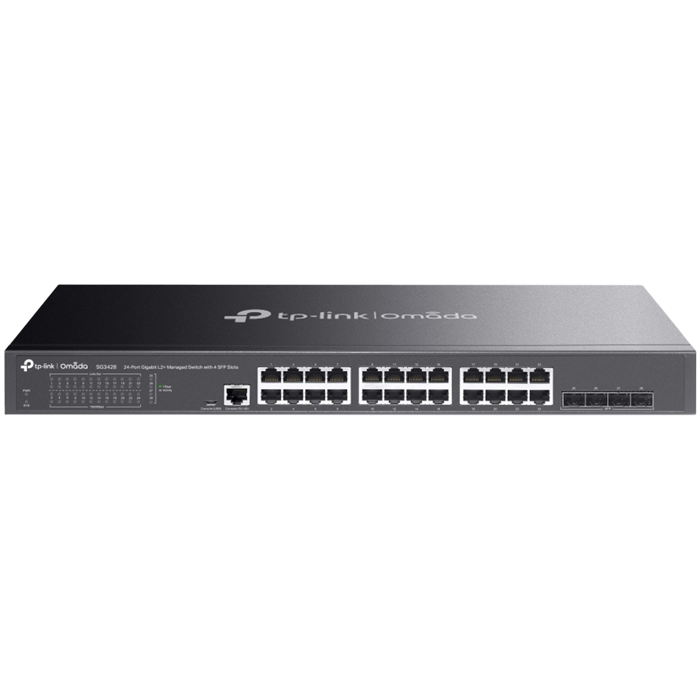 TP-Link SG3428 Omada 24-Port Gigabit L2+ Managed Switch with 4 SFP Slots, 24× Gigabit RJ45 ports and 4× Gigabit SFP slots, Omada APP, Static Routing, VLAN, ACL, QoS, IGMP Snooping, OAM, DDM, ERPS, Fan