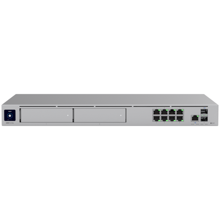 Ubiquiti rack-mount Cloud Gateway with 10 Gbps performance, multi-WAN load balancing, and two NVR drive bays designed for large-scale, multi-application UniFi sites
