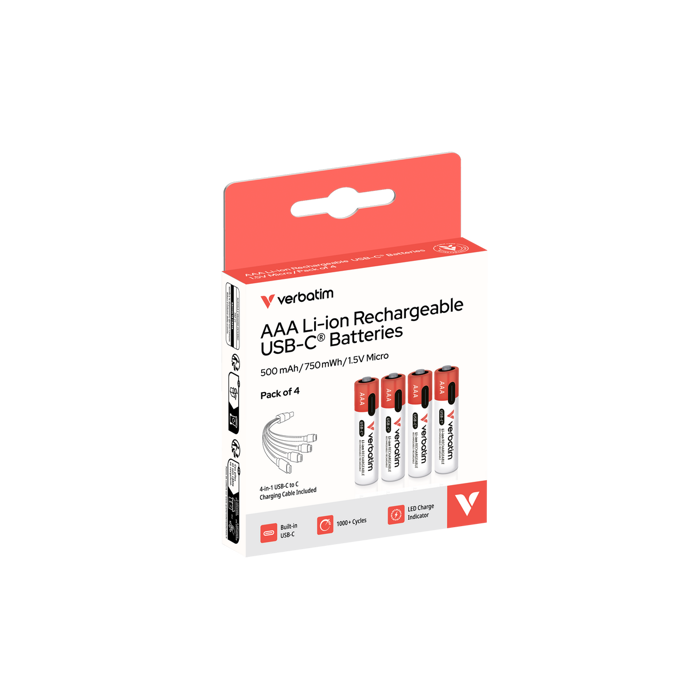 Verbatim AAA-LR03 Micro USB-C punjive baterije, 1,5V, 500 mAh (4 komada)
