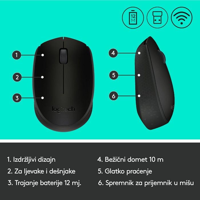 Miš LOGITECH M171, optički, bežični, crni