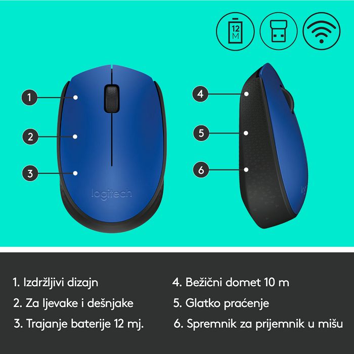 Miš LOGITECH M171, optički, bežični, plavi
