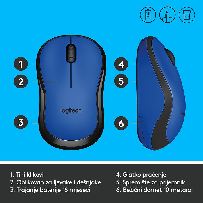 Miš LOGITECH M220 Silent, optički, bežični, plavi, USB