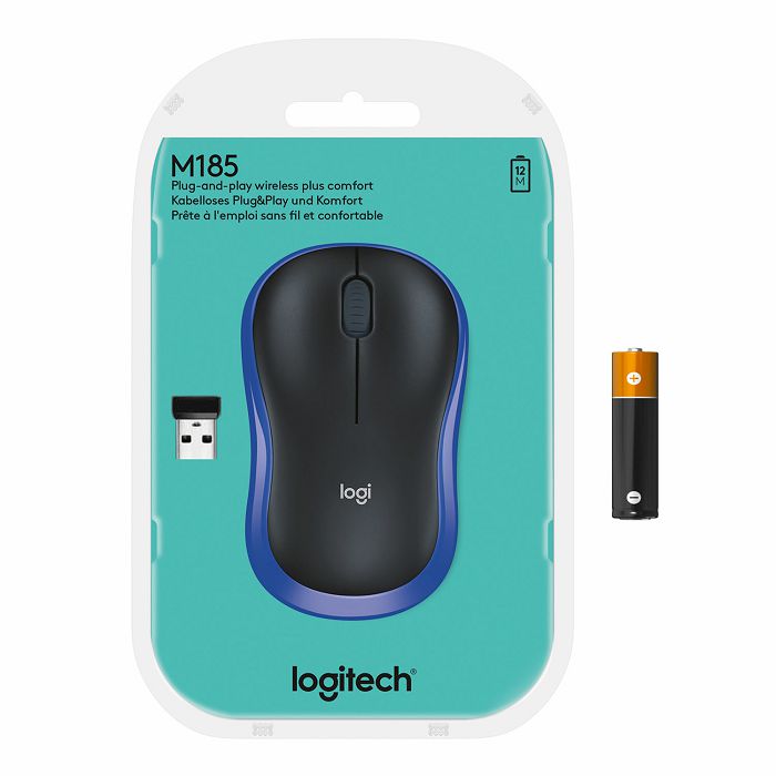Miš LOGITECH M185, optički, bežični, 1000dpi, crno-plavi