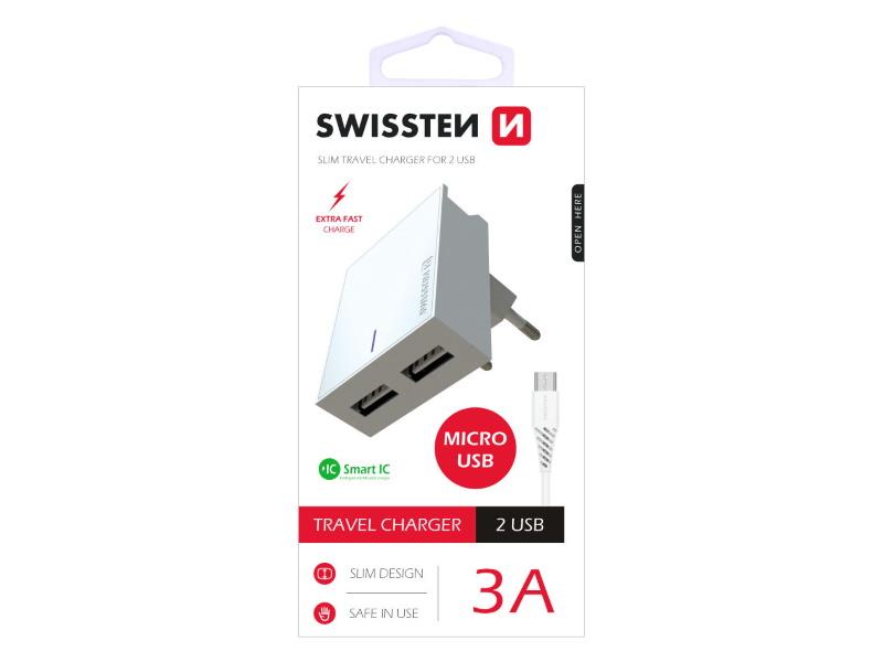 SWISSTEN punjač za AC220, 2xUSB, 3A, SMART IC, držač, bijeli + microUSB kabel - 03100021