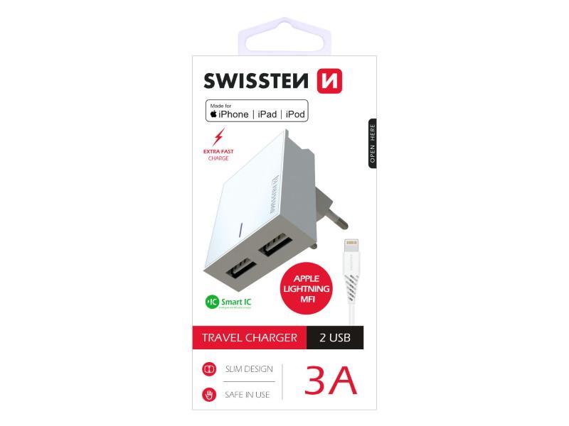 SWISSTEN punjač za AC220, 2xUSB, 3A, SMART IC, držač, bijeli + LIGHTNING MFI kab - 03100020