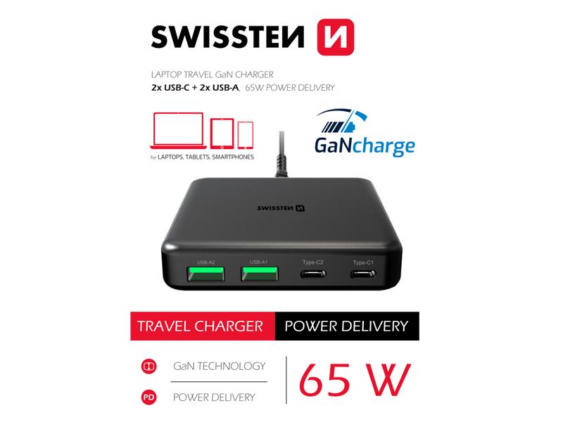 SWISSTEN punjač GaN 2x USB-C + 2x USB-A, 45W PowerDelivery, crni - 03030071