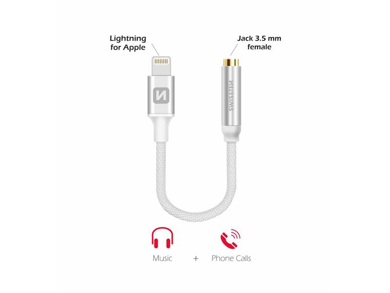 SWISSTEN kabel audio, platneni LIGHTNING /3,5 ženski jack - 15cm srebrni - 03080112