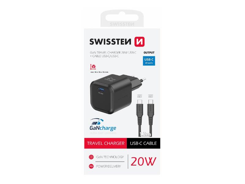 SWISSTEN punjač za AC220, GaN, 20W, 1xUSB-C, 3A, crni + USB-C kabel crni - 03100048