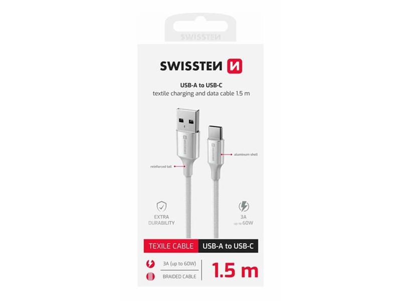 SWISSTEN kabel USB/USB-C, TEXTILE II, 3A, 60W, 480 Mb/s, 1,5m bijelo-srebrni - 03080117