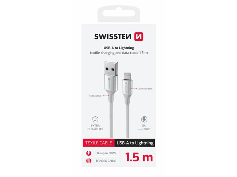 SWISSTEN kabel USB/Lightning TEXTILE II, 3A, 480 Mb/s, 1,5m bijelo-srebrni - 03080120