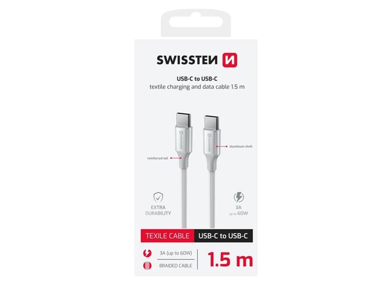 SWISSTEN kabel USB-C/USB-C TEXTILE II, 3A, 60W, 480 Mb/s, 1,5m bijelo-srebrni - 03080123