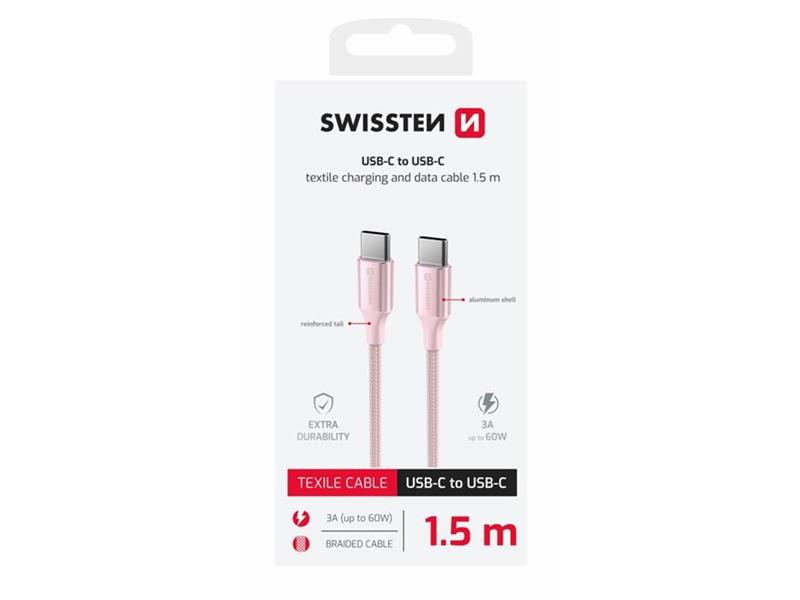 SWISSTEN kabel USB-C/USB-C TEXTILE II, 3A, 60W, 480 Mb/s, 1,5m rozi - 03080124