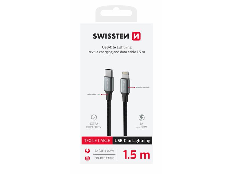 SWISSTEN kabel USB-C/Lightning TEXTILE II, 3A, 30W, 480 Mb/s, 1,5m crno-srebrni - 03080125
