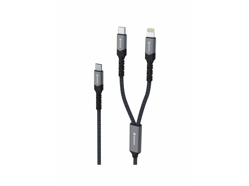 SWISSTEN kabel 2u1 USB-C/USB-C+Lightn, 100W, 54w+20w, 1,5m tekstil crni - 03050104