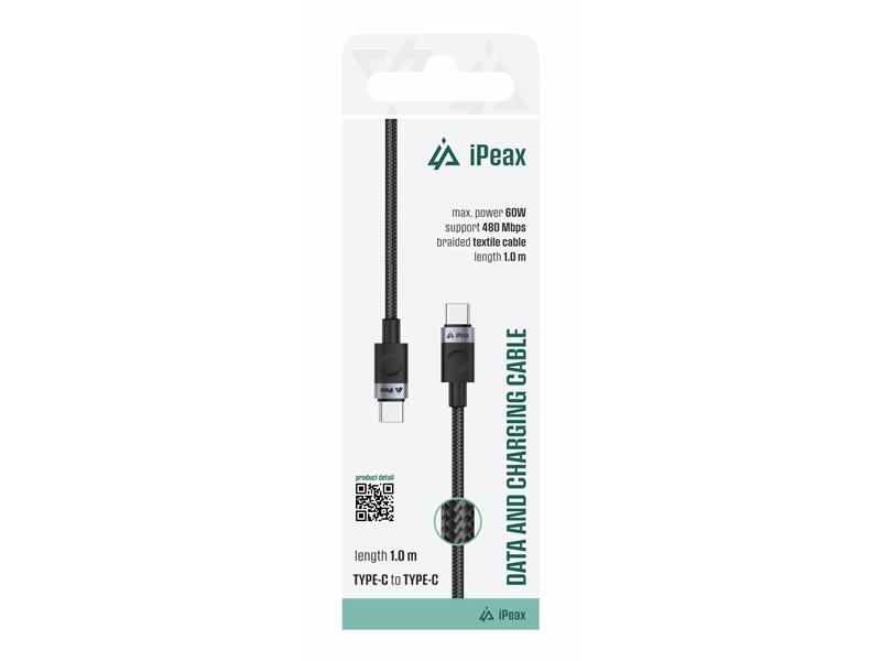 iPEAX KABEL TEXTILE USB-C/USB-C 1M, 60W, 3A, USB 2.0 crni - 03090066