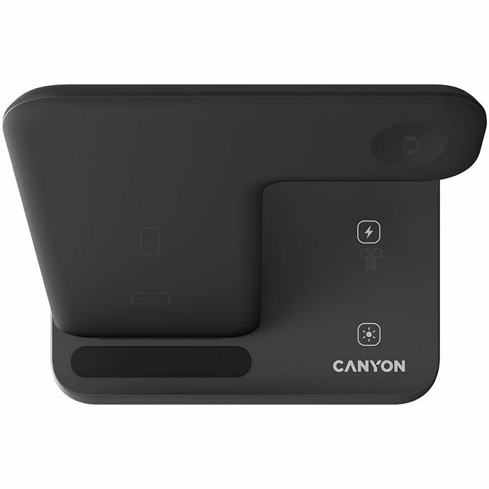 CANYON WS-303 3in1 Wireless charger, with touch button for Running water light, Input 9V/2A, 12V/2A, Output 15W/10W/7.5W/5W, Type c to USB-A cable length 1.2m, 137*103*140mm, 0.195Kg, Black