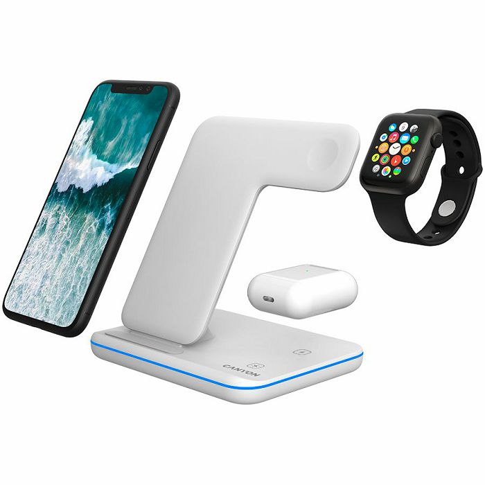 CANYON WS-303 3in1 Wireless charger, with touch button for Running water light, Input 9V/2A, 12V/2A, Output 15W/10W/7.5W/5W, Type c to USB-A cable length 1.2m, 137*103*140mm, 0.22Kg, White