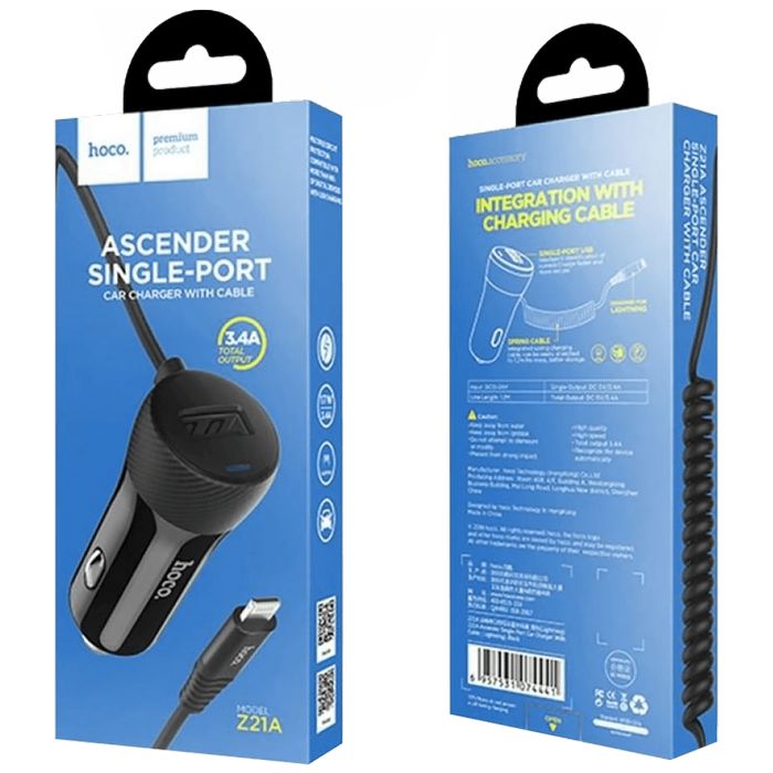 hoco. Auto punjač za Lightning kabelom, 1 x USB, 2.4 A max. - Z21A Ascender Lightning