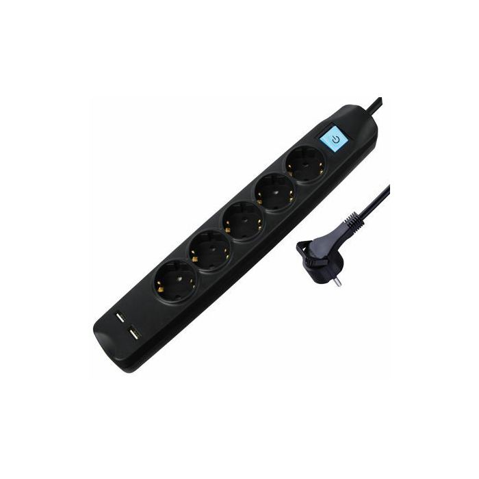 Transmedia 5-way power strip with 2x USB, black, 1,5m