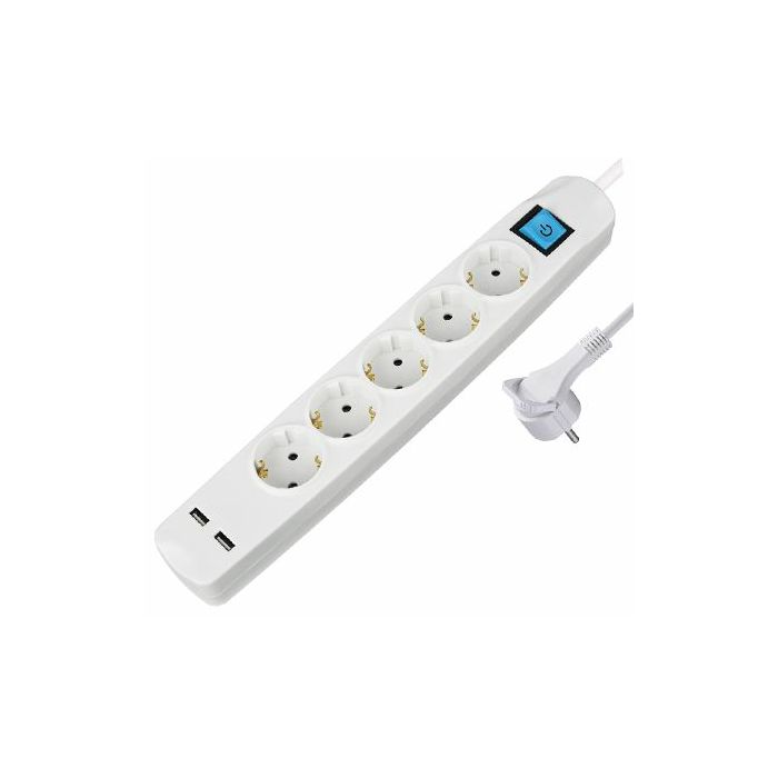 Transmedia 5-way power strip with 2x USB, white, 5m