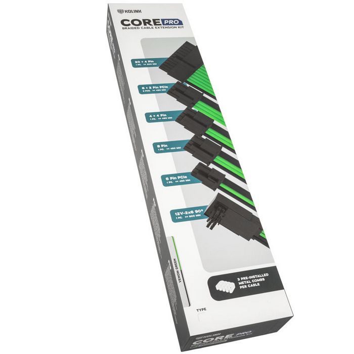 Kolink Core Pro Braided Cable Extension Kit 12V-2x6 Type 2 - Venom Green-COREPRO-EK-12VT2-GRN
