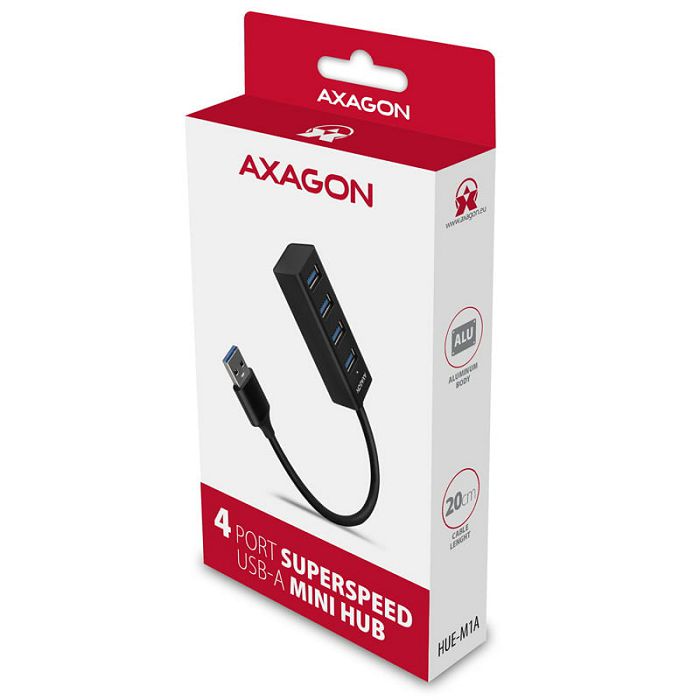 AXAGON HUE-M1A Superspeed USB-A Mini Hub, 4x USB 3.0 - 20cm, black HUE-M1A