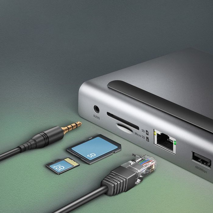 AXAGON HMC-4KX3 USB 3.0 Hub, MiniDP + 2x HDMI, LAN, PD, 3x USB-A, SD-Kartenleser, Audio HMC-4KX3