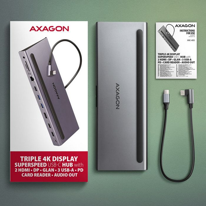 AXAGON HMC-4KX3 USB 3.0 Hub, MiniDP + 2x HDMI, LAN, PD, 3x USB-A, SD-Kartenleser, Audio HMC-4KX3