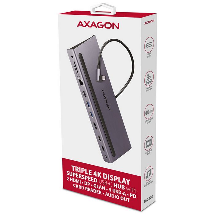 AXAGON HMC-4KX3 USB 3.0 Hub, MiniDP + 2x HDMI, LAN, PD, 3x USB-A, SD-Kartenleser, Audio HMC-4KX3
