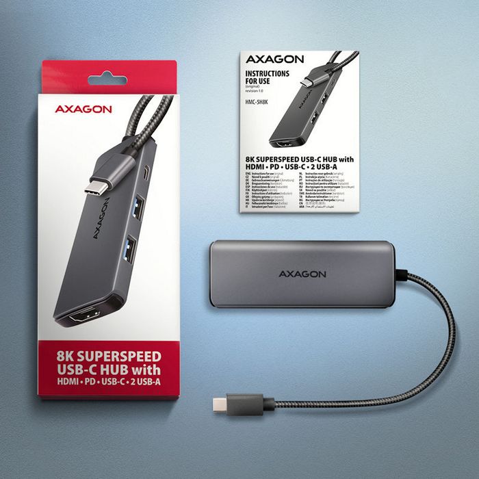 AXAGON HMC-5H8K 2x USB-A, 1x USB-C, 8K HDMI, USB 3.2 Gen 1 hub, PD 100W, 15cm USB-C cable-HMC-5H8K