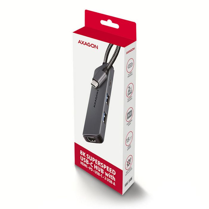 AXAGON HMC-5H8K 2x USB-A, 1x USB-C, 8K HDMI, USB 3.2 Gen 1 hub, PD 100W, 15cm USB-C cable-HMC-5H8K