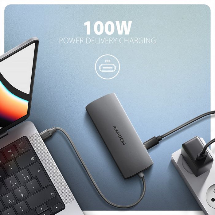 AXAGON HMC-8HLSA USB-C 3.2 Gen 1 Multiport-Hub, 3x USB-A + 4K/60Hz HDMI + SD/microSD, Gigabit LAN, Audio, PD 100W - Silber-HMC-8HLSA