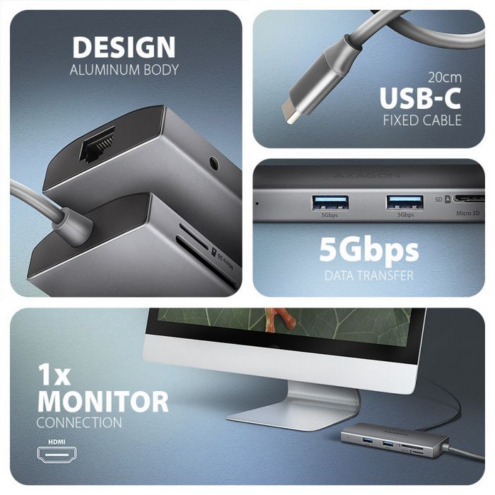 AXAGON HMC-8HLSA USB-C 3.2 Gen 1 Multiport-Hub, 3x USB-A + 4K/60Hz HDMI + SD/microSD, Gigabit LAN, Audio, PD 100W - Silber-HMC-8HLSA
