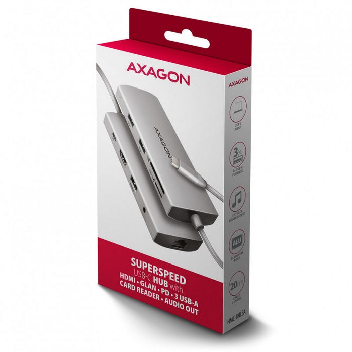 AXAGON HMC-8HLSA USB-C 3.2 Gen 1 Multiport-Hub, 3x USB-A + 4K/60Hz HDMI + SD/microSD, Gigabit LAN, Audio, PD 100W - Silber-HMC-8HLSA