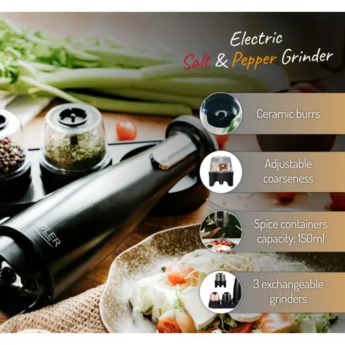 Adler AD4449b Electric salt and pepper mill - set of 3 grinders - USB