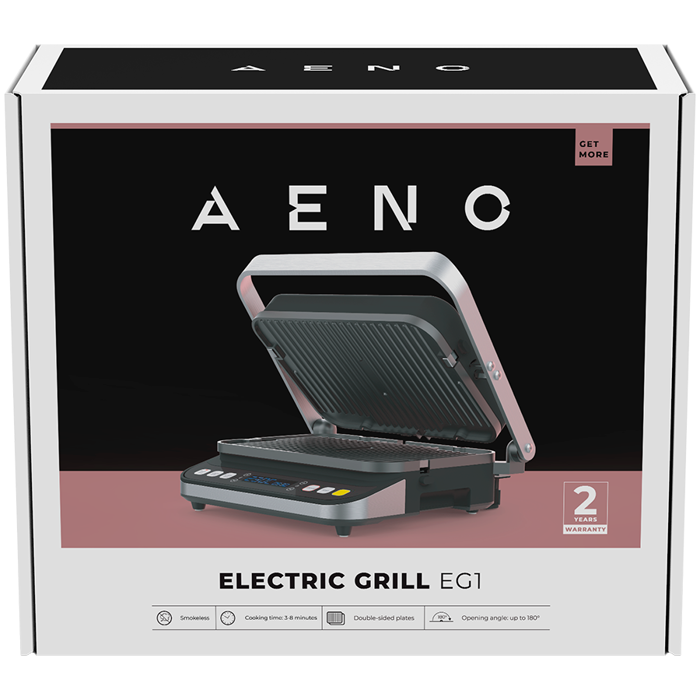 AENO Electric Grill EG1: 2000W, 3 heating modes - Upper Grill, Lower Grill, Both Grills Defrost, Max opening angle -180°, Temperature regulation, Timer, Removable double-sided plates, Plate size 32