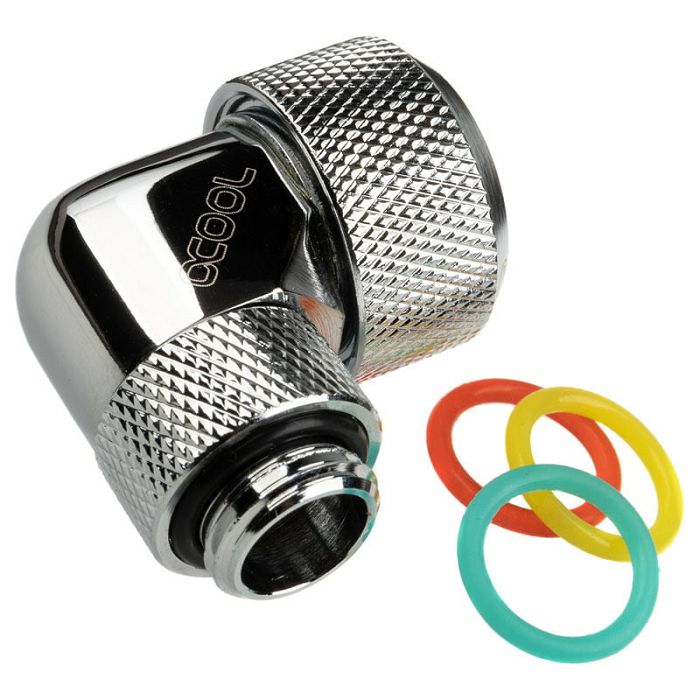 Alphacool icicle connection 90 degrees G1/4 inch AG to 16mm OD hard tube - rotatable, shiny silver